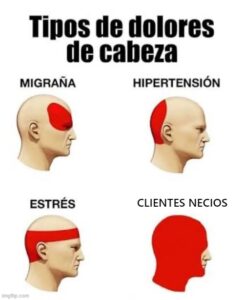 tipos de dolores de cabeza: migraña, hipertensión, estrés, clientes necios
